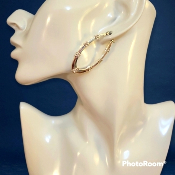 Vtg Silvertone Rhinestone Large Creole Oval Huggie Hoop Punk Earrings - Picture 1 of 4